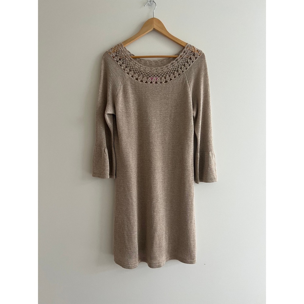 Lilly Pulitzer Carino Sweater Dress Gold Metallic Crochet Lace Bell Sleeve Knit